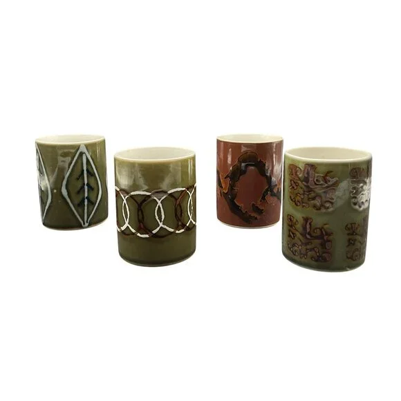 Vtg Set Of 4 MCM Ceramic Mugs Unique Abstract Designs & Earthy Tones 3.75"H - Picture 4 of 6